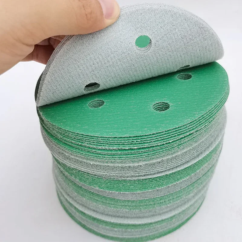 5 Inch 6 Hole Sandpaper Green Round Pneumatic Sander Flocking Car Putty Polishing Self-adhesive 125mm