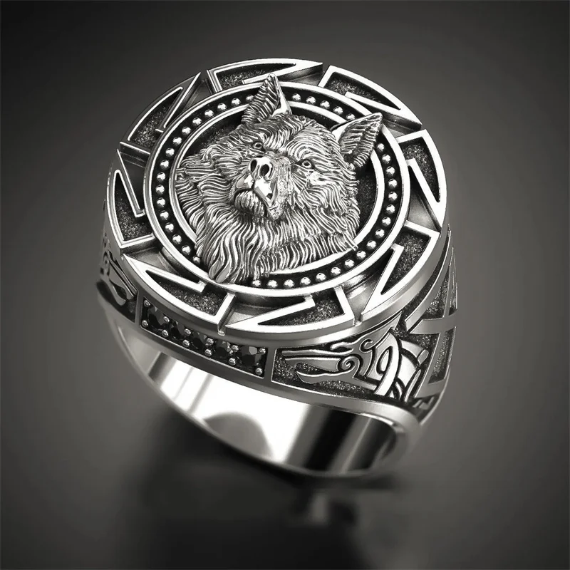 Vintage Wolf Totem Thai Silver S925 Silver Color Ring Nordic Mythology Warrior Wolf Head Men's Ring Jewelry Accessories