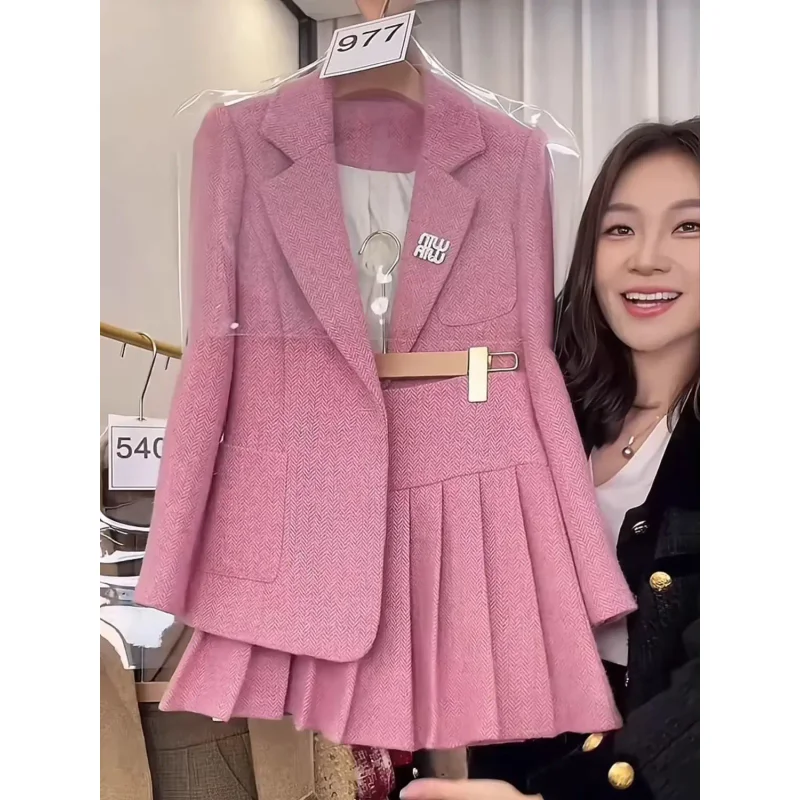 الخريف نمط جديد عطر صغير الرجعية مزاجه الموضة قطعتين مجموعة تقسم الراقية دعوى أعلى + تنورة مطوي مجموعة