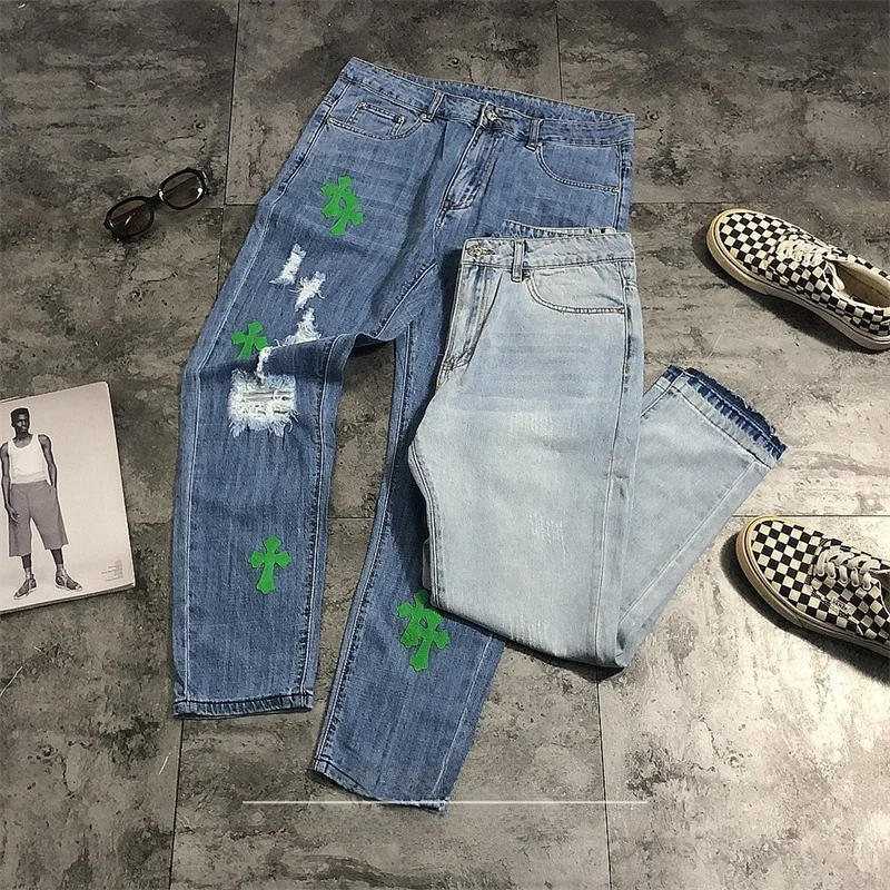 

Street Sle Ripped Denim Jeans Cross Patched Torn Casual Faion Trendy Leather Patch Work High Waist Long Pants Women