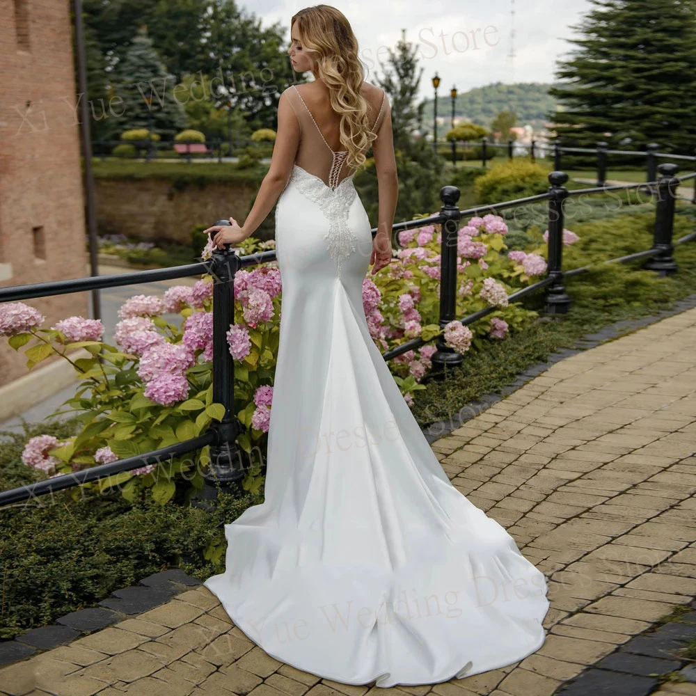 Modesto scollo tondo sirena abiti da sposa Sexy Lace Up Appliques abiti da sposa Backless senza maniche Vestido Elegante Feminino Luxo