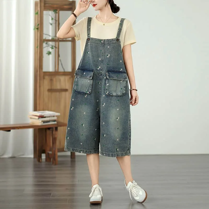 

Denim Jumpsuits Women Vintage Korean Style One Piece Outfit Floral Age Reduction Cropped Wide Leg Pants Summer Women Clothing