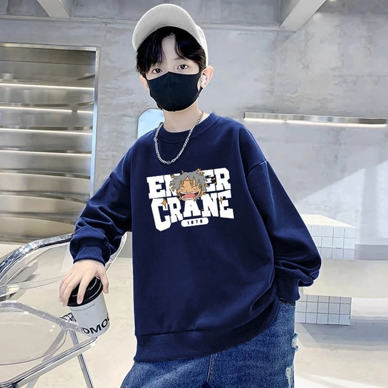 

2025 New 8-10 Years Old Boys' Middle-Large Kids Loose Fit Fleece Lined Crewneck Sweatshirt - Stylish Autumn Spring Top