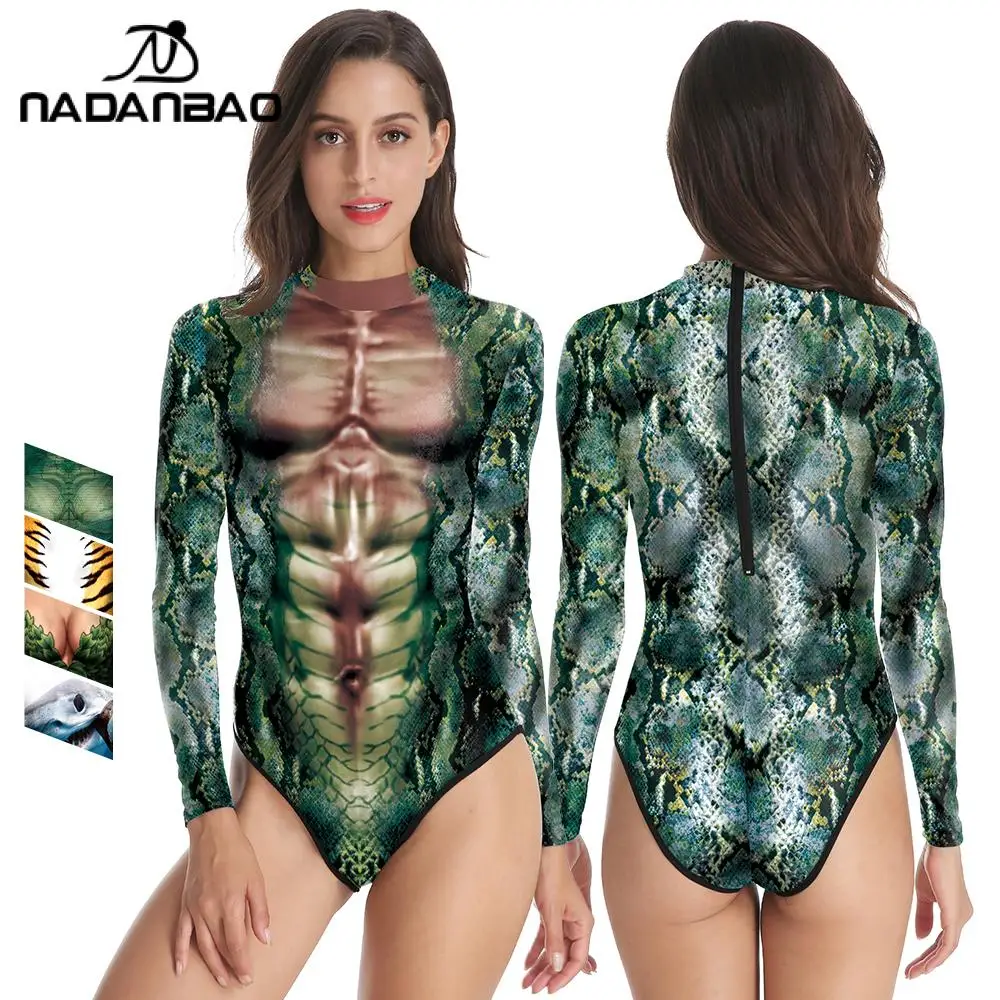 Nadanbao Sexy Swimsuits Women Long Sleeve Swimwear Cosplay Animal Snake Tiger Costumes Elastic Slim Swimming Bodysuits