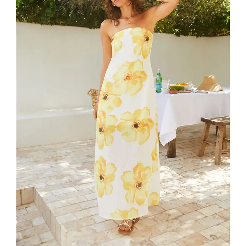 Women Summer Boho Beachwear Aesthetic Floral Print Strapless Off Shoulder Backless A-line Tube Long Dress Streetwear