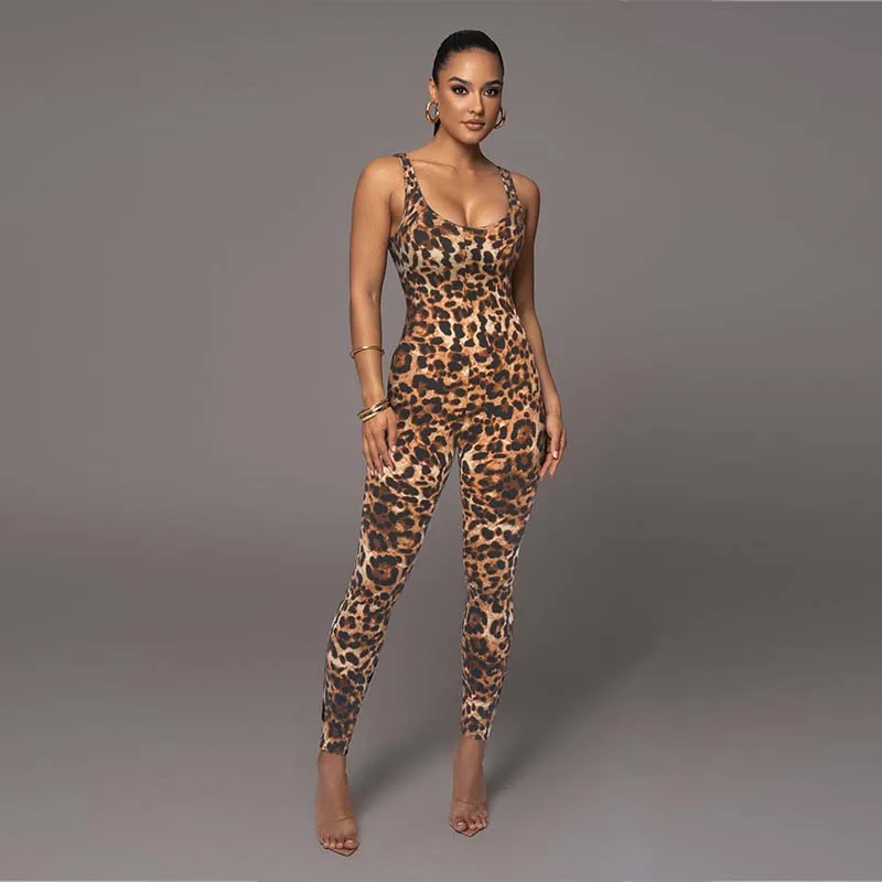 Sexy Sling Sleeveless Backless Snake Print/Leopard Print Jumpsuit for Women Skinny Fashion Nightclub Party Wear Sexy Streetwear