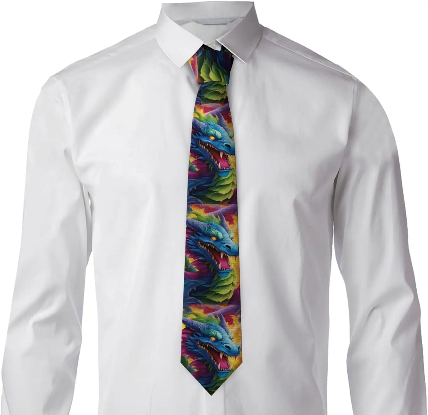 Men's Necktie Colorful Fantasy Dragon Print Neck Tie Bright Mythical Creature Pattern Suit Tie