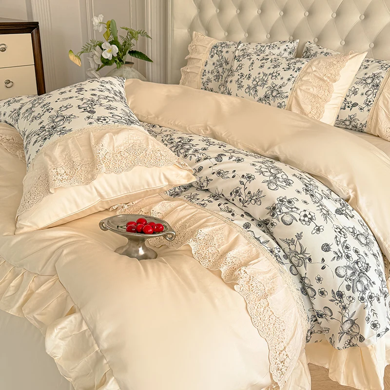 4pcs French Vintage Style Solid Color Pastoral Flower Openwork Lace Duvet Cover 200x230 220x240 Bed Skirt Bedding Four Seasons