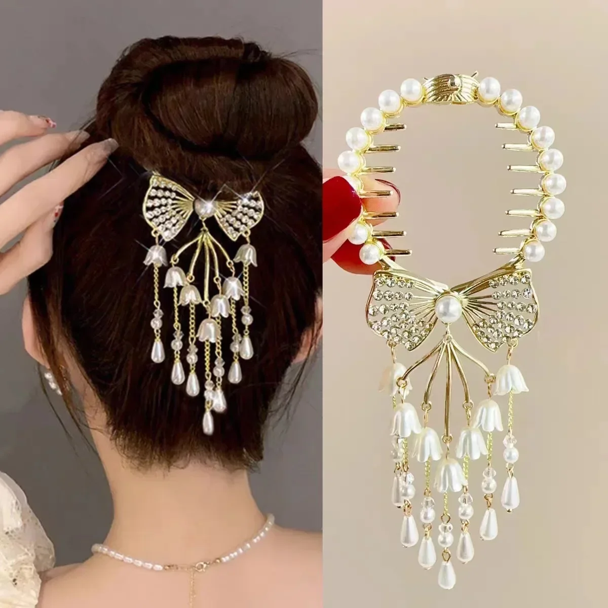 

Tassel Pearl Flower Hair Clip Back Spoon Curled Hair Clip Women's High-end Feeling Ball Head Hair Accessory Creattive Gifts