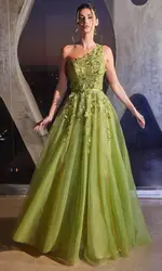 One Shoulder Avocado Prom Dresses Glittery Tulle One Shoulder Lace Applique Floral Long Formal Party Evening Gowns Custom Made