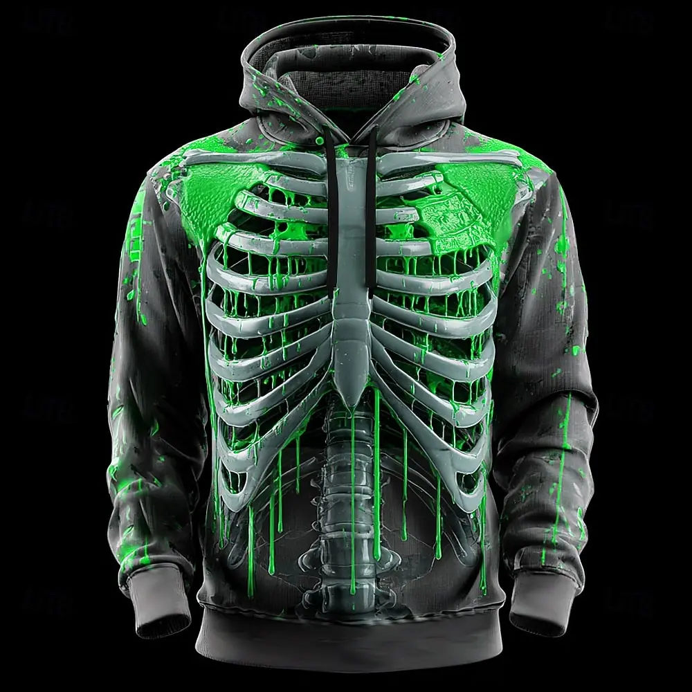 Men Halloween 3D Print Hoodie Skeleton Ribcage Green Slime Horror Graphic Drawstring Pullover Sweatshirt