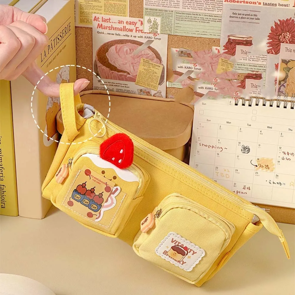Große Kapazität Cartoon Leinwand Stift Tasche PVC Kastanie Niedlichen Bären Bleistift Beutel Pudding Welpen Erdbeere Käse Schreibwaren Lagerung Tasche