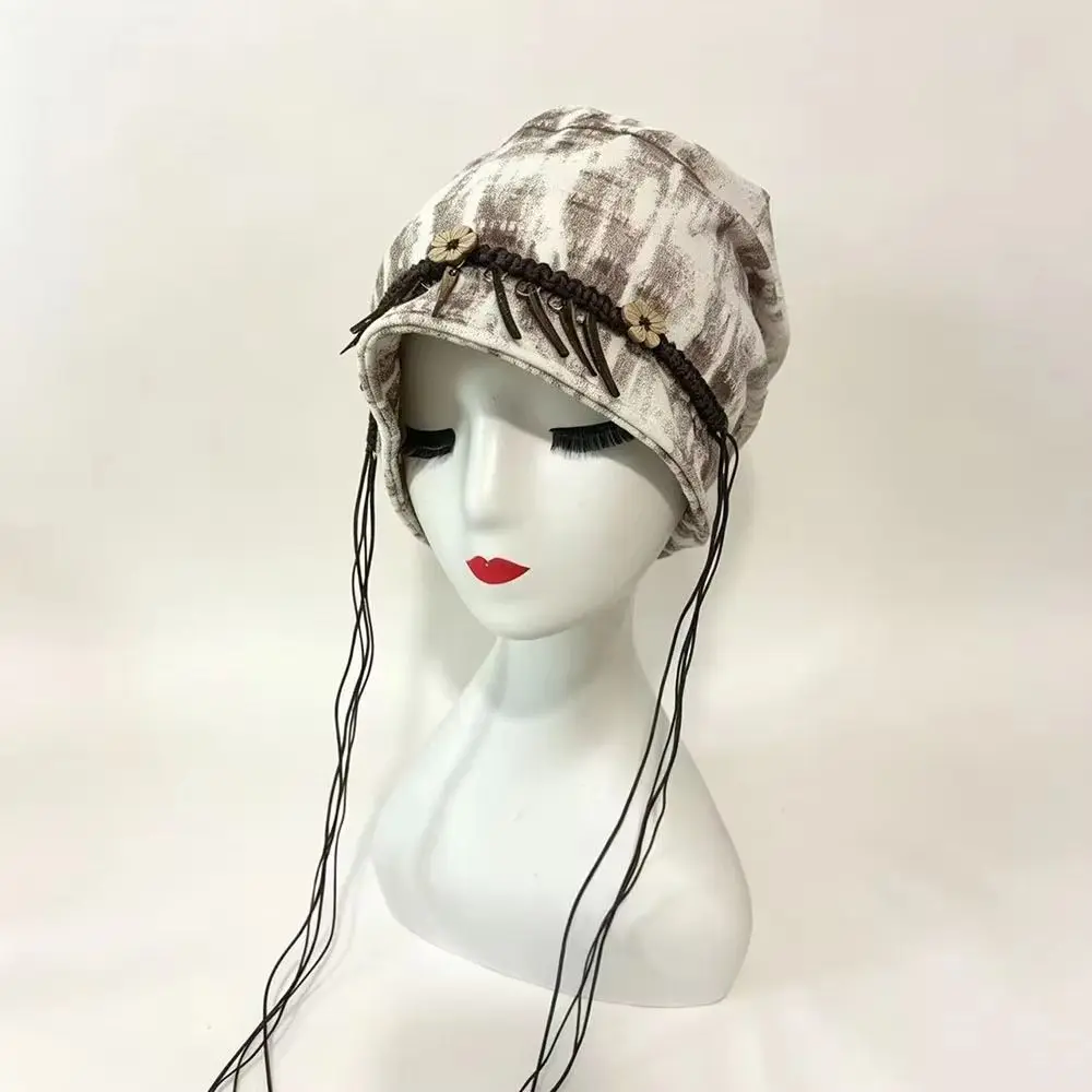 Vintage Retro Ethnic Stye Beanie Wood Decoration Tassel Vintage Pullover Hat Versatile Boho Windproof Head Wrap Students