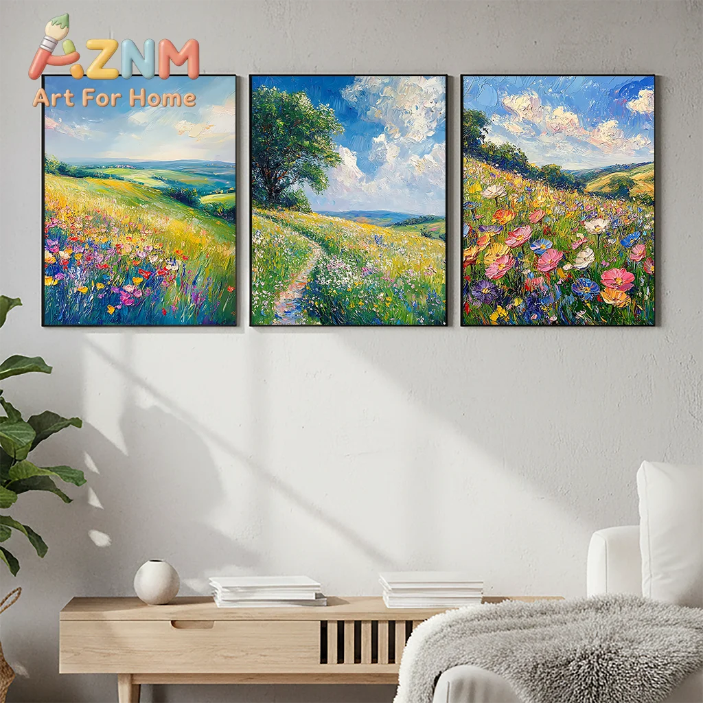Landscape Wall Art, Wildflower Meadow Canvas Painting, Plant Spring Field Painting Poster Print for Bedroom Living Room Decor