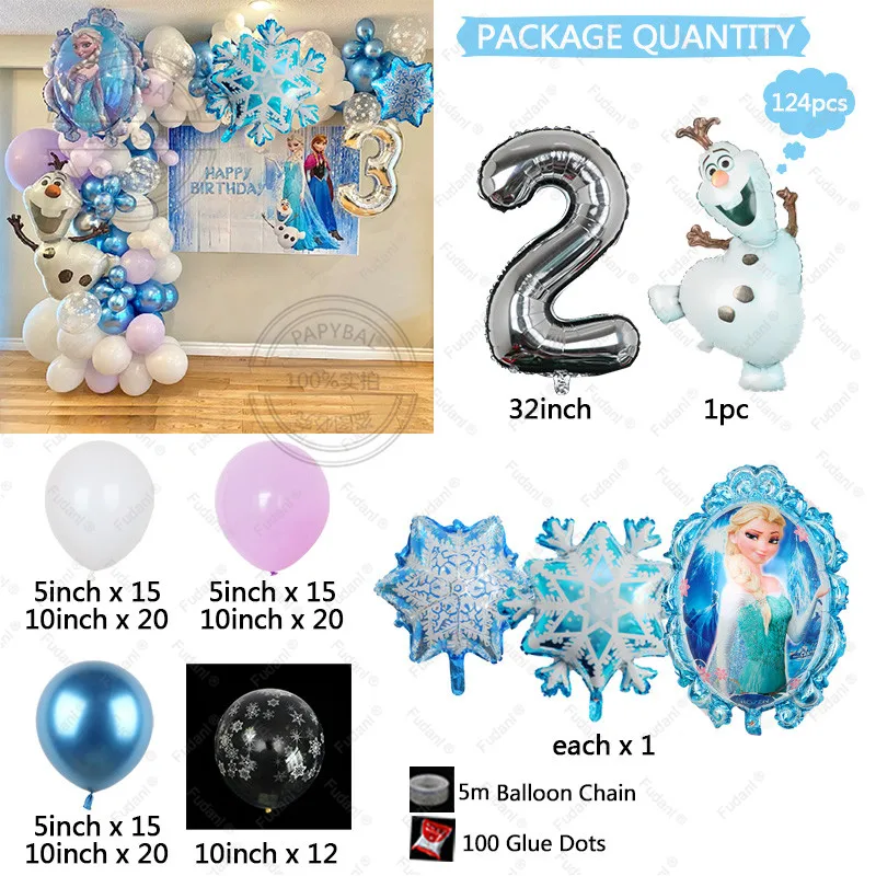 124 Uds Globos temáticos de Frozen Kit de arco de guirnalda copo de nieve Elsa Olaf Globos de aluminio niñas fiesta de cumpleaños decoración de Baby Shower Global