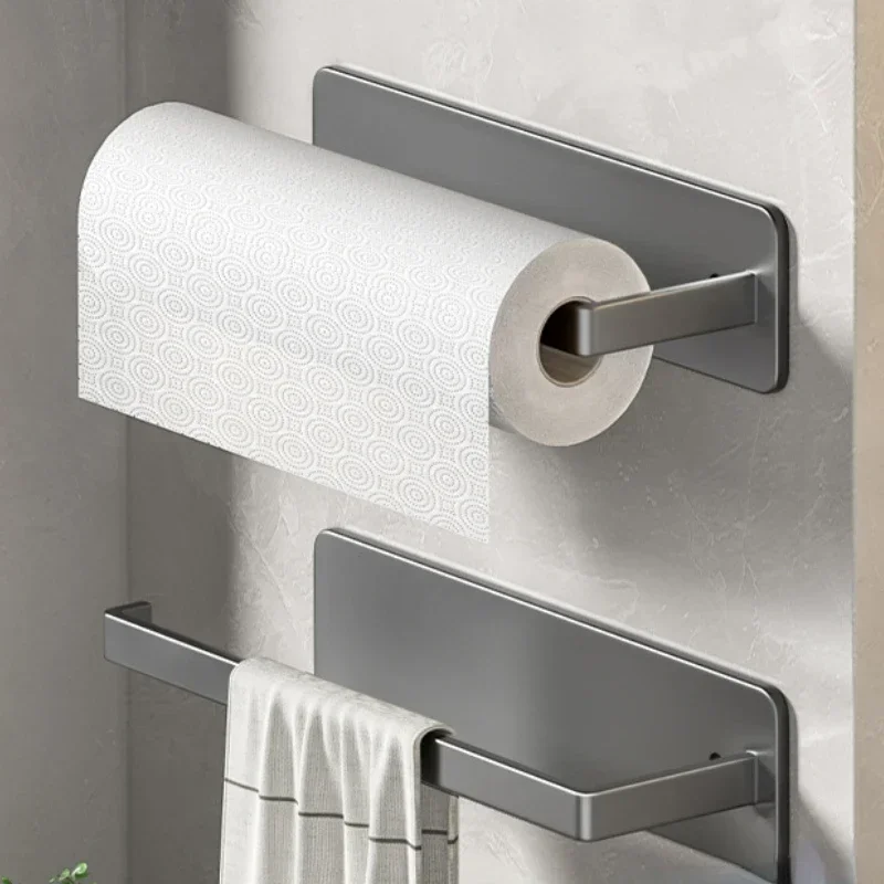 Multipurpose Dual Back Adhesive Tape Towel Holder Washroom Kitchen Rack Roll Paper Plastic Wrap Wipe Storage Rod Shelf