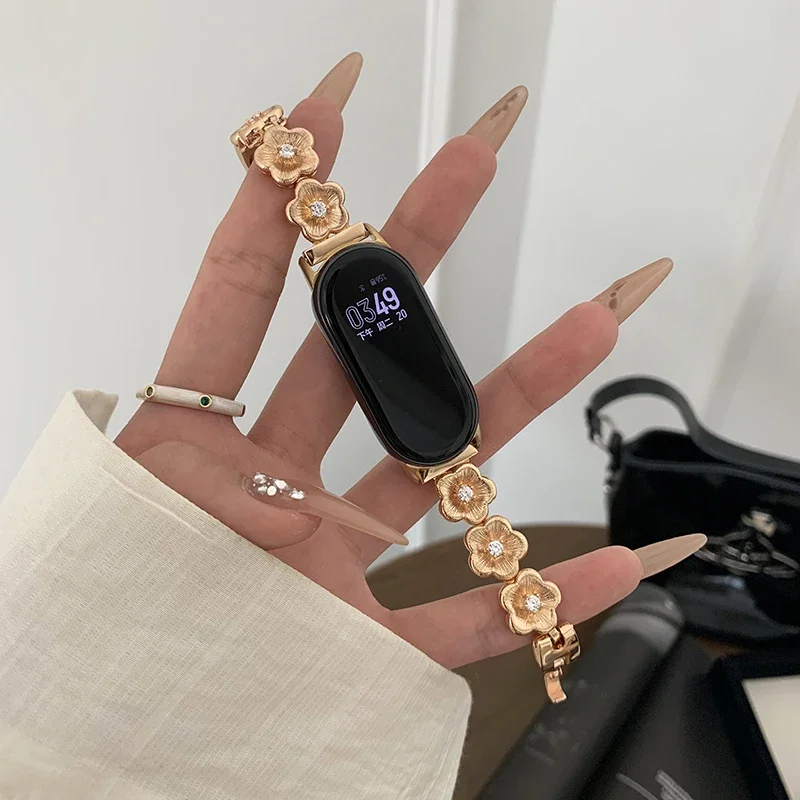 Роскошный браслет с цветами циркона для Xiaomi Mi Band 9 8, женский металлический ремешок-цепочка для MiBand 7, 6, 5, сменный браслет, аксессуары