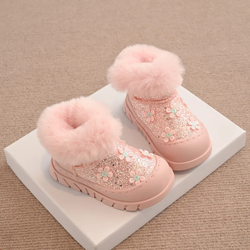 Sepatu Bot Salju Berpayet Putri Fashionable Musim Dingin 2025 Baru untuk Anak-anak, Sepatu Bot Ankle Bersol Tebal Sederhana Serbaguna, Sepatu Kasual Katun untuk Anak Perempuan