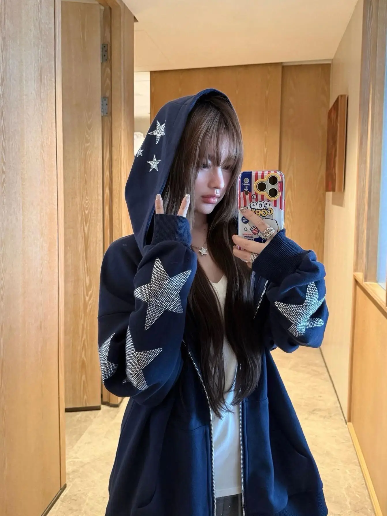 American Retro Star Rhinestone Hoodie Women's Early Autumn Winter Loose Lazy Style Zipper Open Cardigan  Outerwear