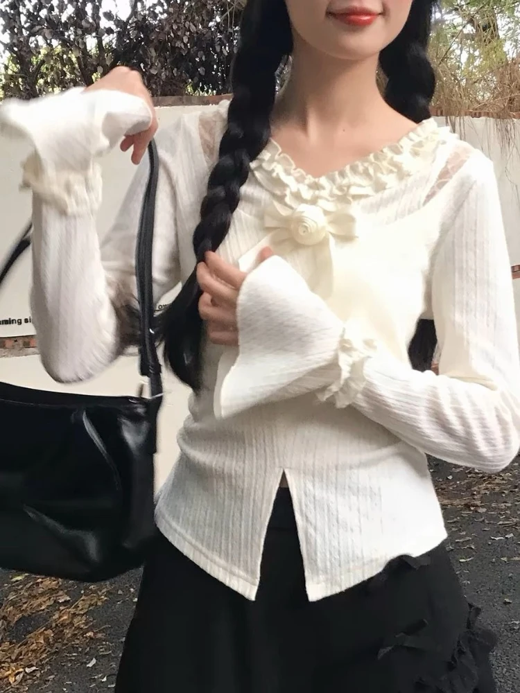 

Deeptown Sweet Elegant T-shirts Women Korean Style Coquette White T-Shirts Kawaii Bow Patchwork Fashion Flare Sleeve Ruffle Tops