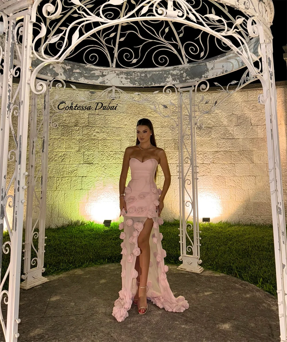 콘테사 두바이 맞춤형 우아한 3D 장미 코트 트레인 슬릿 프롬 드레스 스트랩리스 베스티도스 데 노체 바디콘 포멀 이브닝 이벤트 드레스