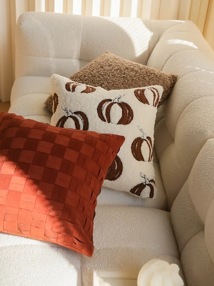 Modern Minimalist Plush Pillow Pumpkin Embroidery Brown Mid-Century Style Sofa Square Pillow New Home Soft Decoration
