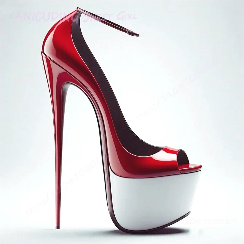 

White Platform Burgundy Metallic Patent Leather Pump Women Peep Toe Stiletto Buckle Sexy Black Shallow Sandals Open Casual Shoes