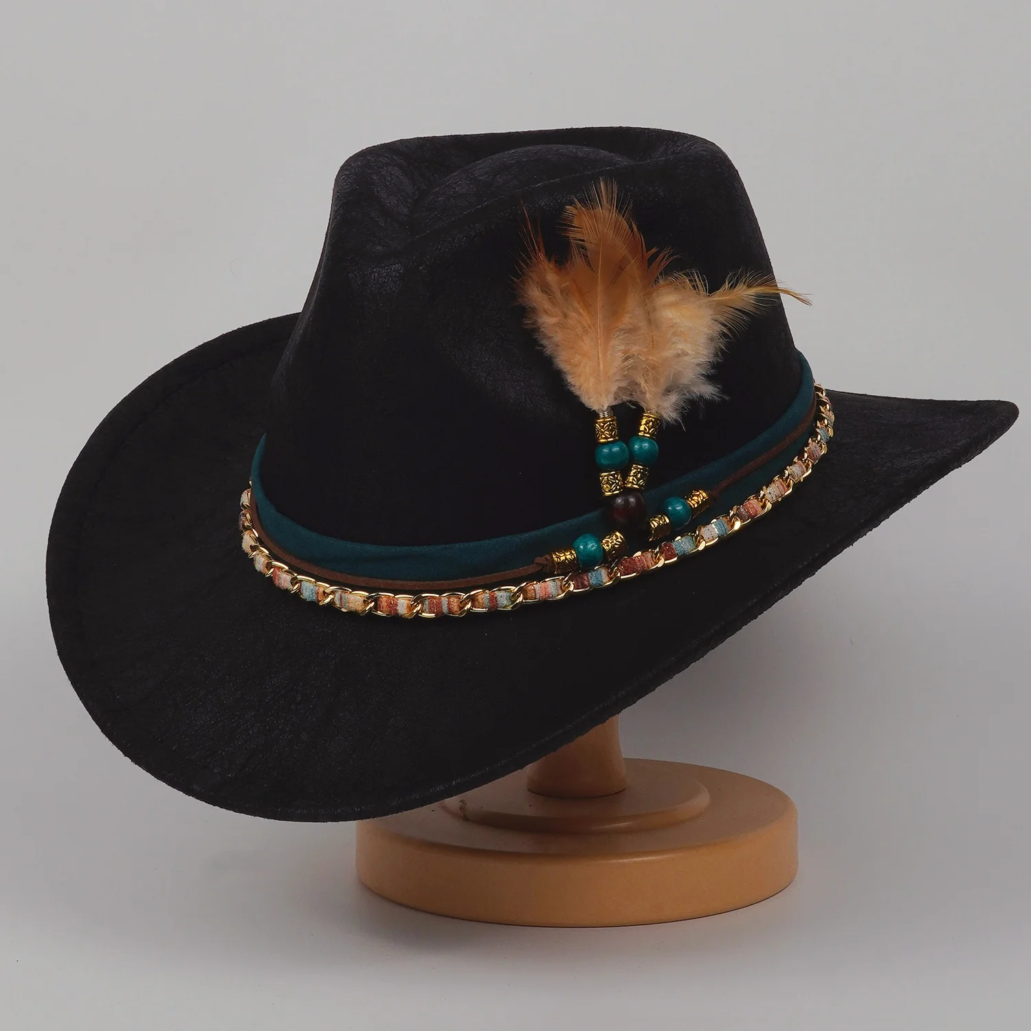 Men Cowgirl Ethnic Style Style Feather Roll Style Up-Wide Wide Hat-Ethnic-Style Top Rated Women Men Cowgirl