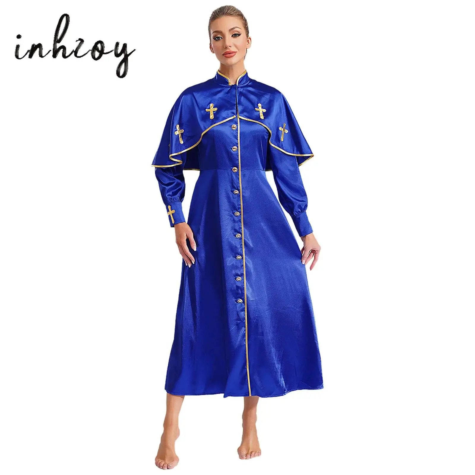 

Women Metallic Trim Church Choir Robe Liturgical Priase Dance Dress Long Sleeve Loose Maxi Dress for Halloween Party Performance