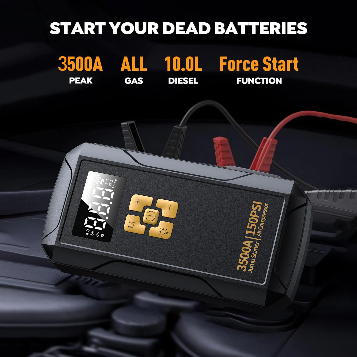 Jump starter com com compressor de ar 3500a jump starter 150psi bomba de ar multifuncional pneu inflator power bank iluminação para carro