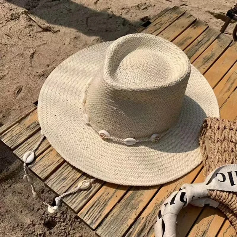 Summer Panama Hats for women Sun Hat with Long Shell conch Chain Straw Hats Vintage Style Fedora Female Outdoor Travel Beach Hat