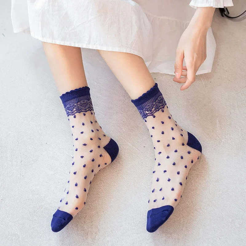 Polka Dot Crystal Silk Socks Women Summer Ultra-thin Transparent Lace Socks Heart Print Japanese Kawaii Girls Cute Frilly Socks