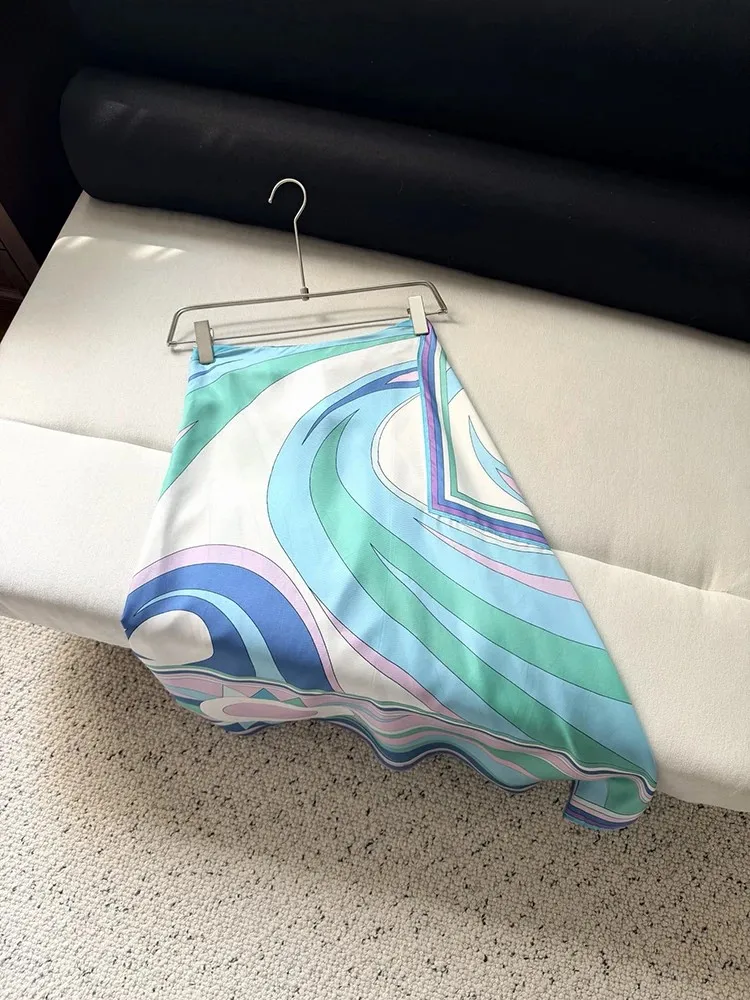 Summer Fashion Beach Style Vintage Geometric Print Silk Midi Skirt Women's High Waist Slim Asymmetrical Length A-Line Skirt