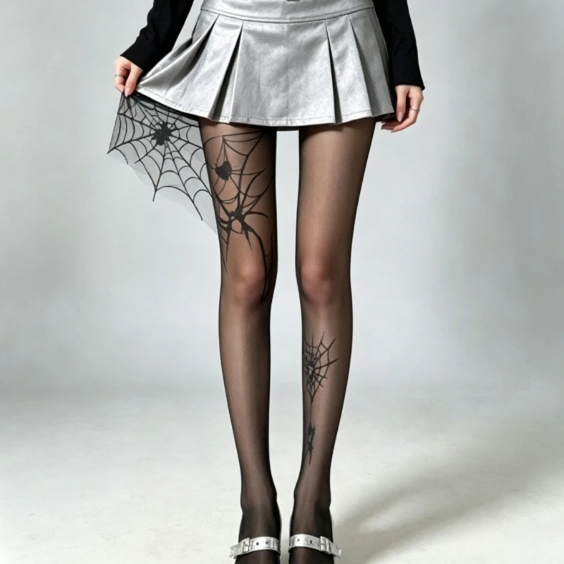 Women Sexy Goth Spider Web Print Sheer Tights Punk Asymmetric Pattern Pantyhose Halloween Party Cosplay Elastic Stocking medias