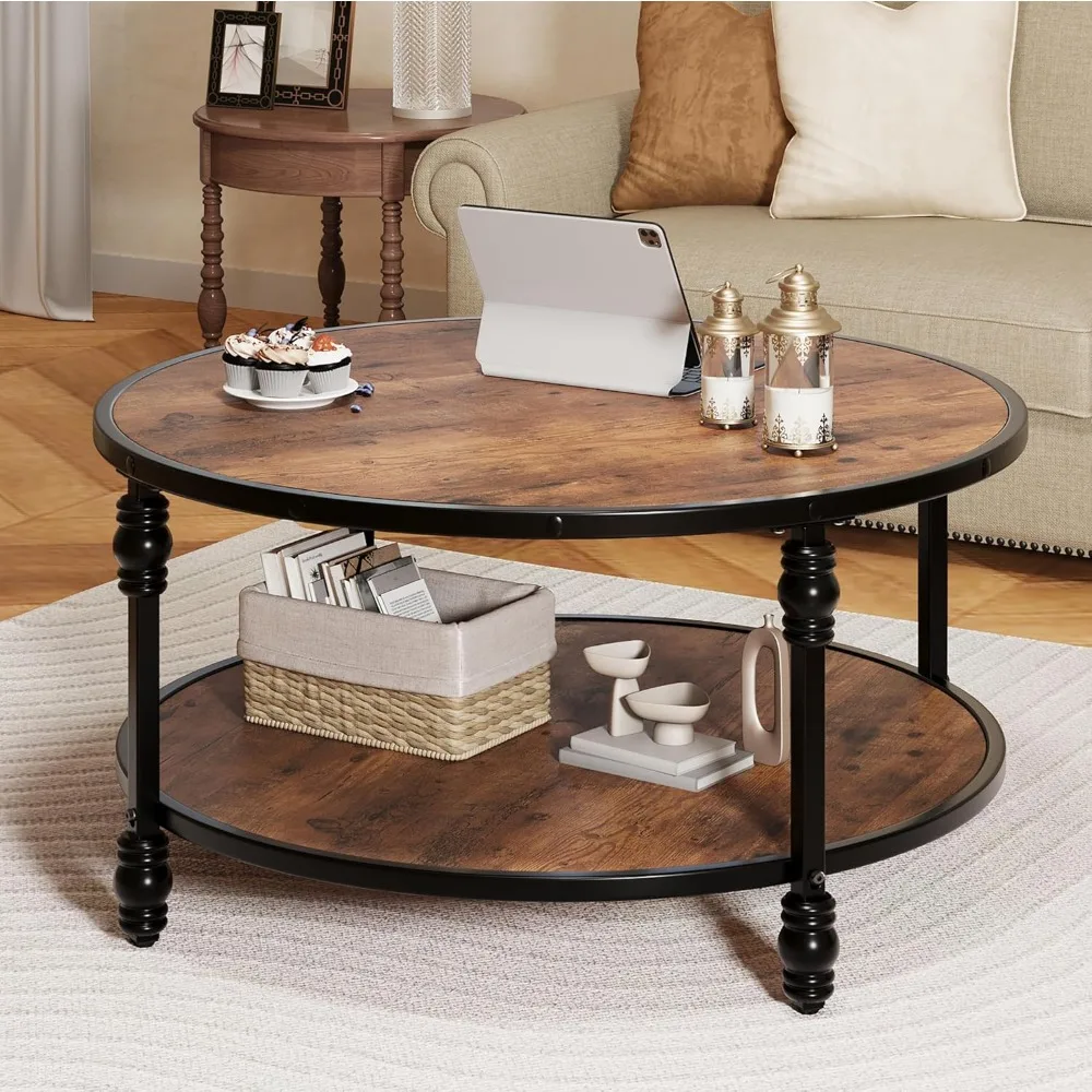 Coffee Table Round Rustic Center Table with Storage Shelf Wood Circle Coffee Table with Sturdy Metal Legs Living Room