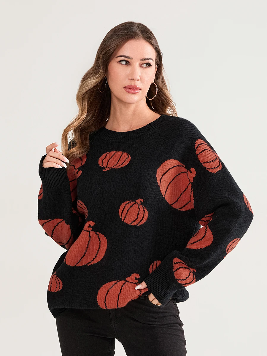 Women Halloween Knit Sweater Ghost Pattern Long Sleeve Round Neck Pullovers Fall Winter Casual Jumpers Tops with Spooky Vibes