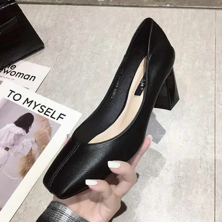 2022  New Women  High Heels Set Foot Comfort Square Heel Sexy Prom Wedding Shoes PU Leather Women Shoes High Heel   Basic