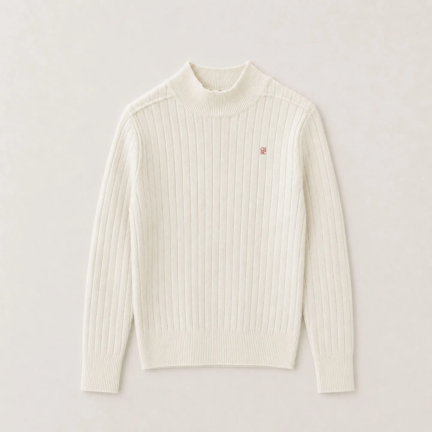 CH Children Mock Neck Knit Sweater Vertical Ribbed Trims Chest Embroidery Classic Style Kids Long Sleeve Tops