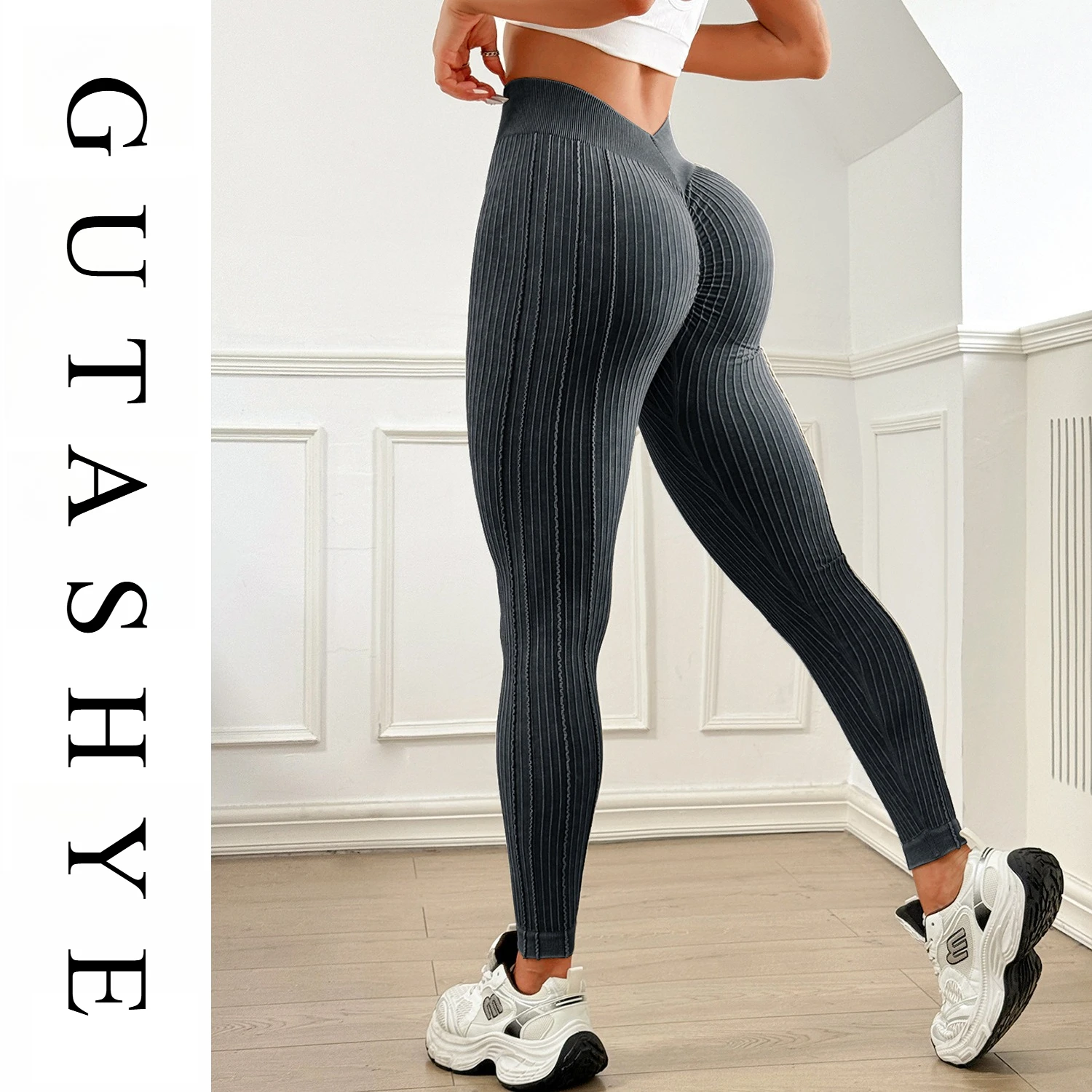 

Women Ribbed High Waist Yoga Leggings Back V Waist Peach Butt Lift Sand Washed Tight Fitness Running Sports Pants