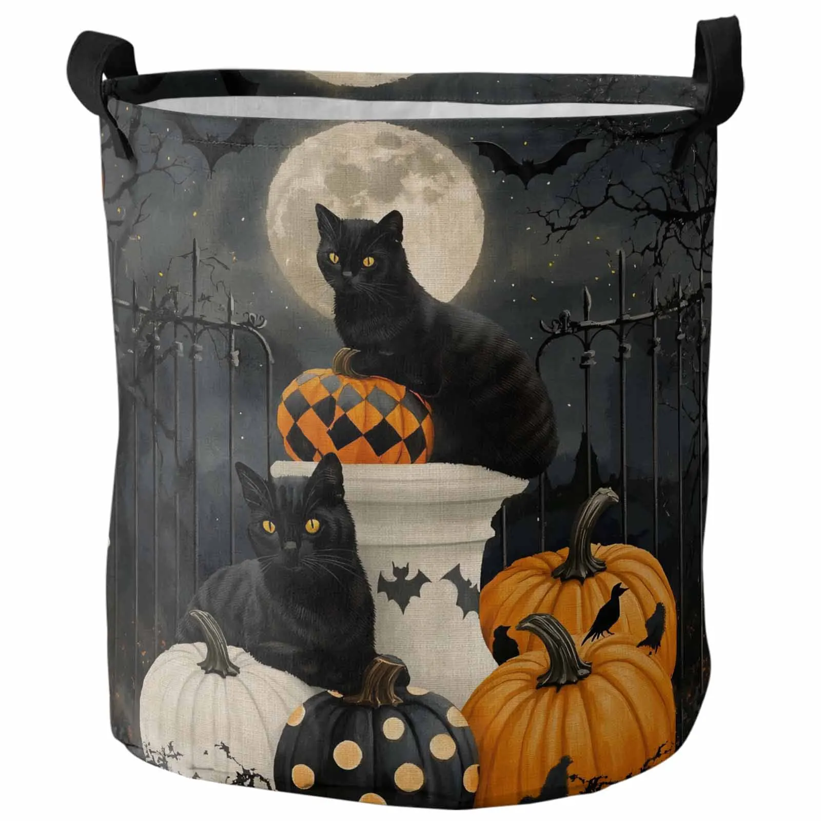 

Vintage Black Cat Pumpkin Halloween Foldable Dirty Laundry Basket Kid's Toy Organizer Waterproof Storage Baskets