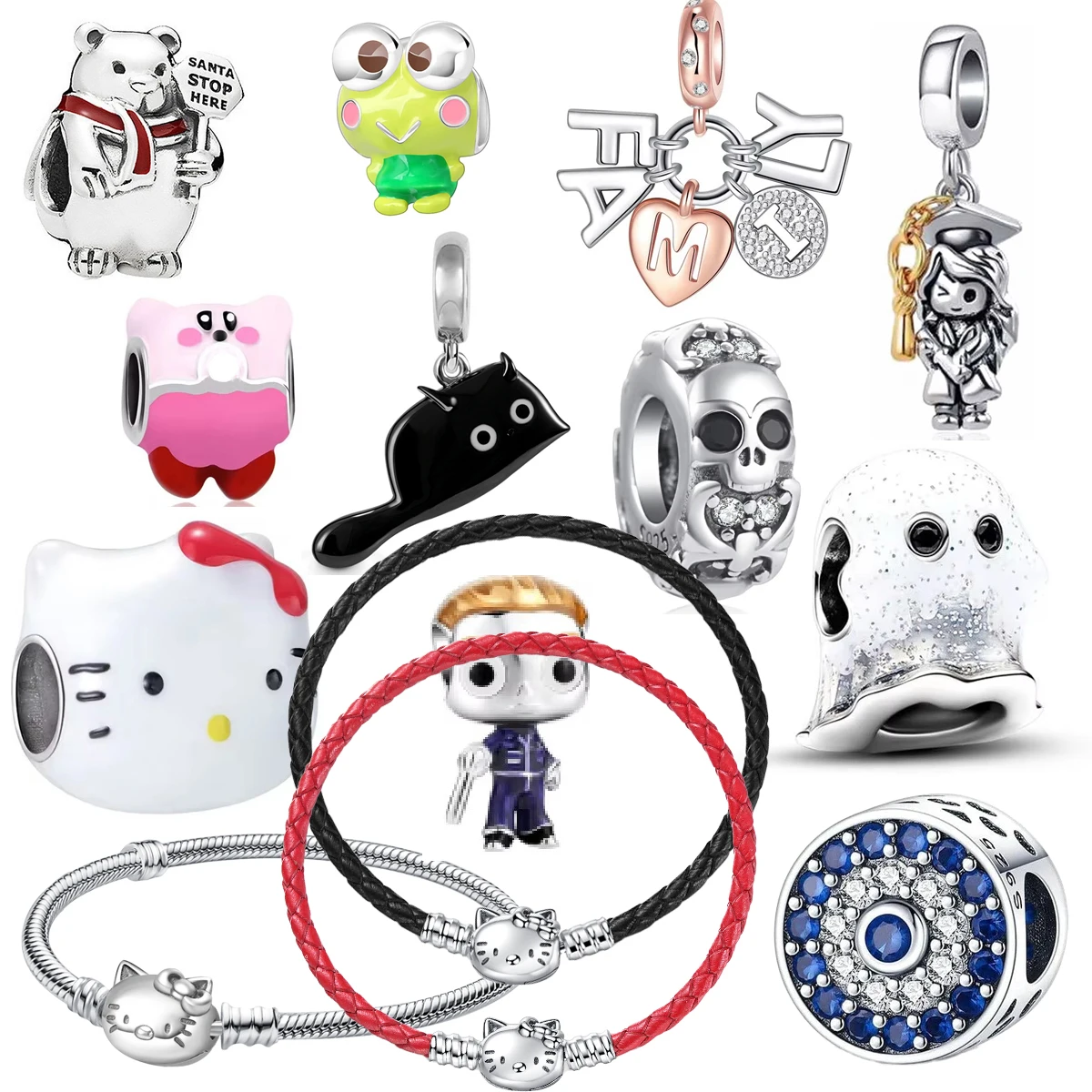 

2025 New 925 Sterling Silver Cat Halloween Devil Santa Stop Here Charm Bead Fit Original Bracelet DIY Ladies Jewelry Accessories