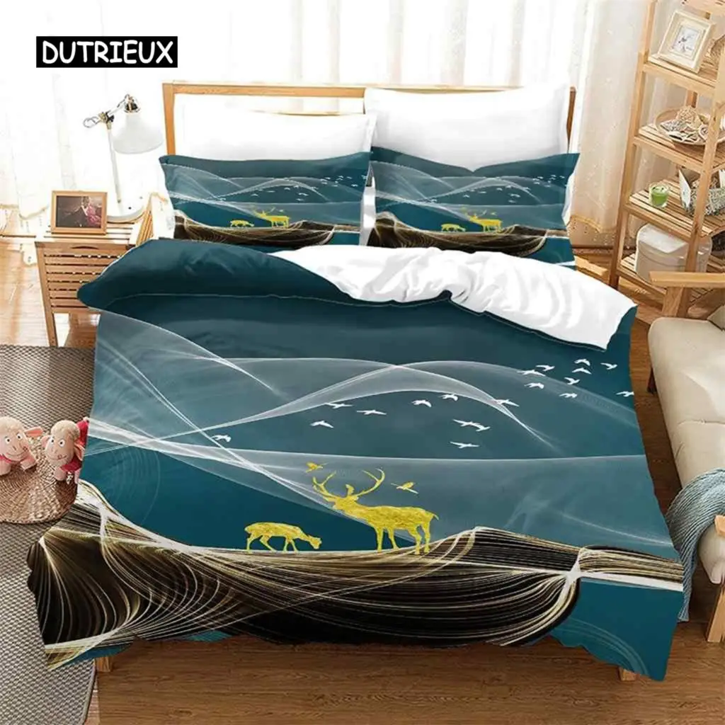 Duvet Cover Gold Bird Elk Set Twin Full Line Art Bedding Set Microfiber Abstract Geometric Deer Comforter Cover Bedroom  Decor