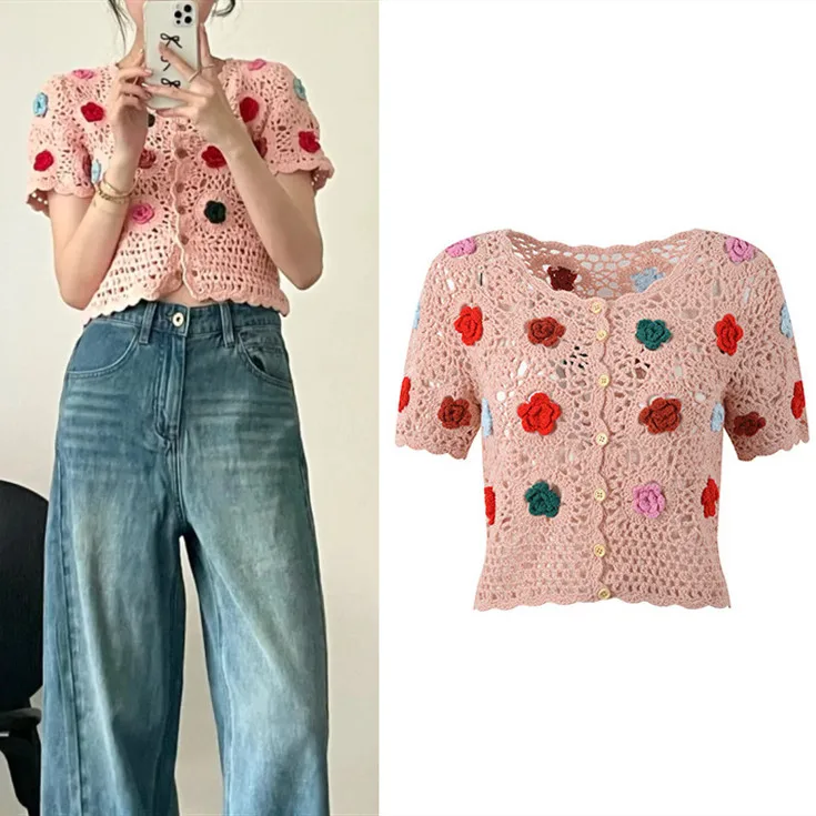 

Высококачественный европейский вязаный кардиган Sle ort Sve, женский облегающий кардиган ручной работы, 3D вязаный крючком, весенне-летний дизайн