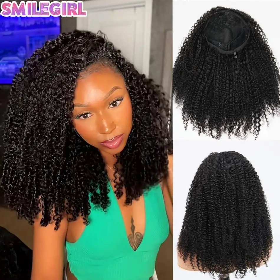 

Kinky Curly Half Wigs Human Hair 3 In 1 Drawstring Seamless Flip Wigs Wear Go Glueless Half Up Half Down Headband Wig For Women