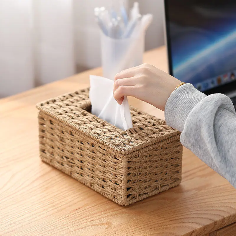 

Mulit-funtion Woven Tissue Box Beige Vintage Napkin Holder Imitation Rattan Woven Tissue Storage Box Home Table Decoration
