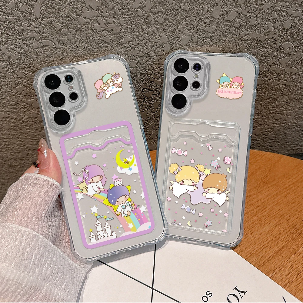 Cute little twin star Card Hold Phone Case For Samsung S24 S23 S22 S21 S20 FE Plus Ultra M33 M53 M54 5G Anti-fall Clear Cover