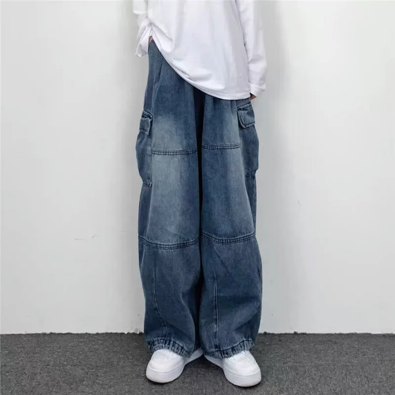 Japanese Retro Wide-leg Big Pocket Overalls Summer Men's Jeans New Fashion Brand Ins Loose Casual Straight Y2k Jeans Large Size