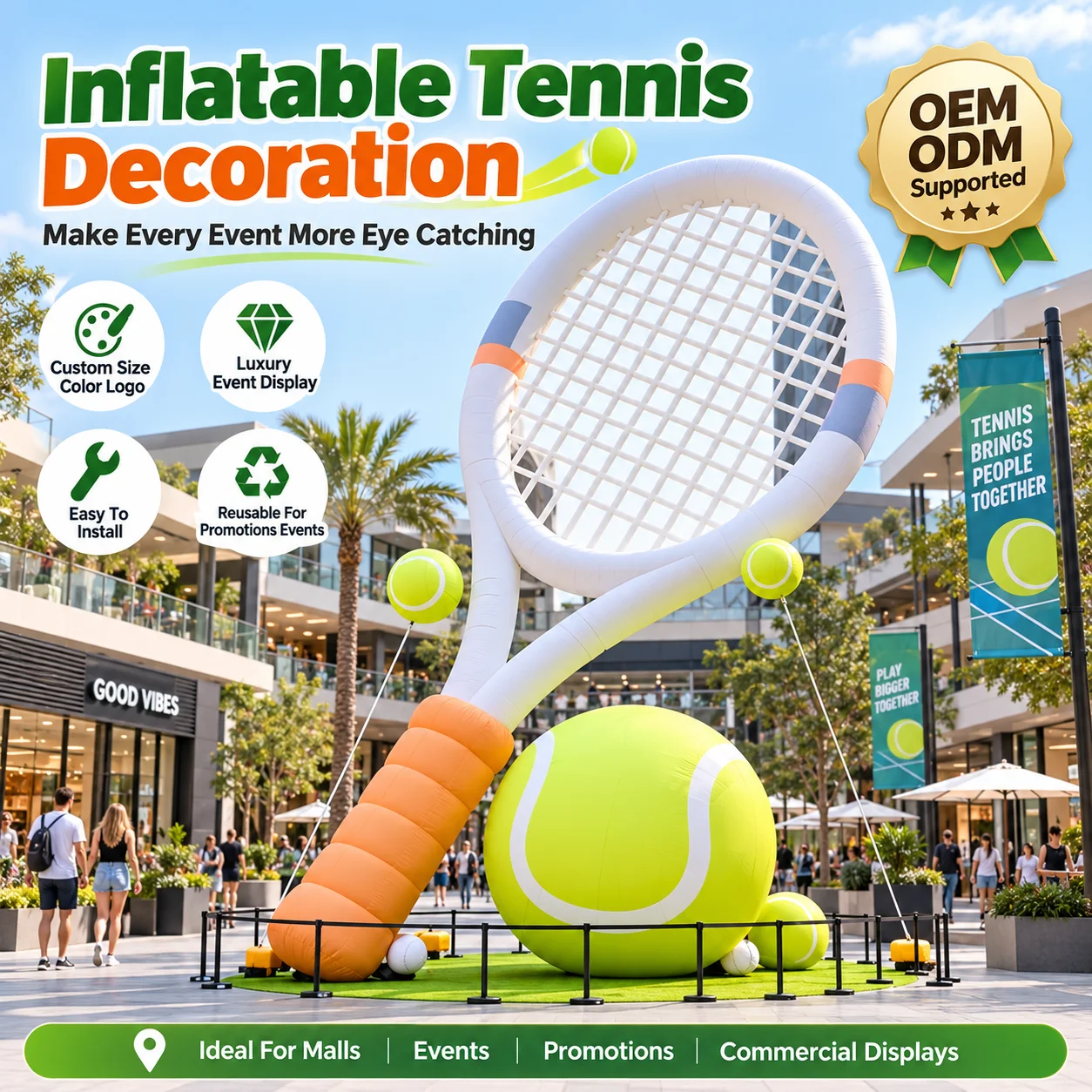 Giant Inflatable Tennis Racket Ball, Sports Event Display, Advertising Inflatable for Mall Festival Promotion, Party Decoration