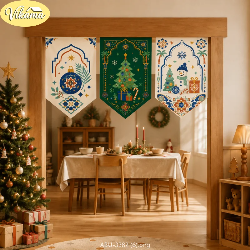 VIKAMA Christmas Fabric Triangle Banners, Bohemian Moroccan Triangle Banner Curtains, Christmas Wall Decorations