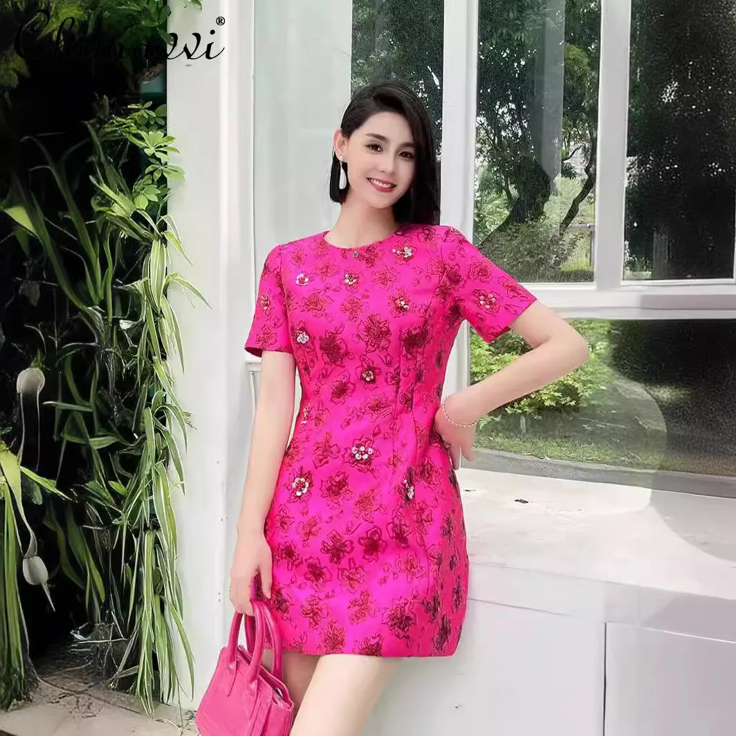 

European Station 2025 Summer New Women's Fashion Crew Neck Short Sleeve Embroidery Bead Elegant Slim-fit Elegant Short Dress